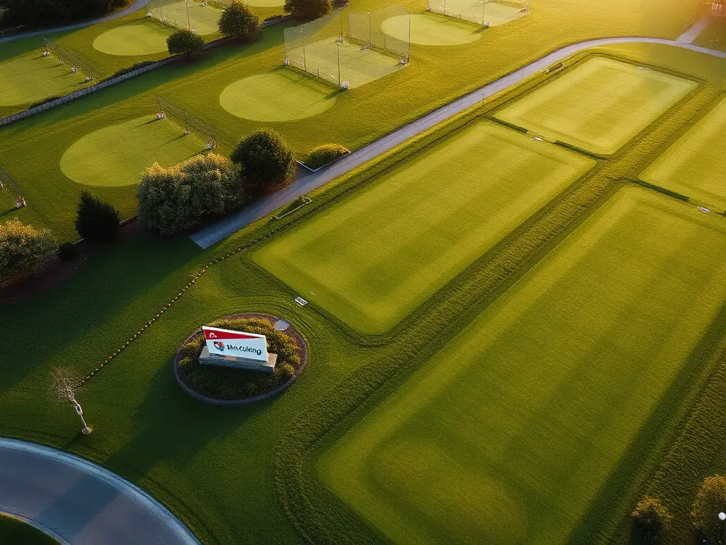 An aerial view of a lush, well-maintained driving range with the Bin-Golfing logo subtly displayed, emphasizing the quality and appeal of the participating locations.