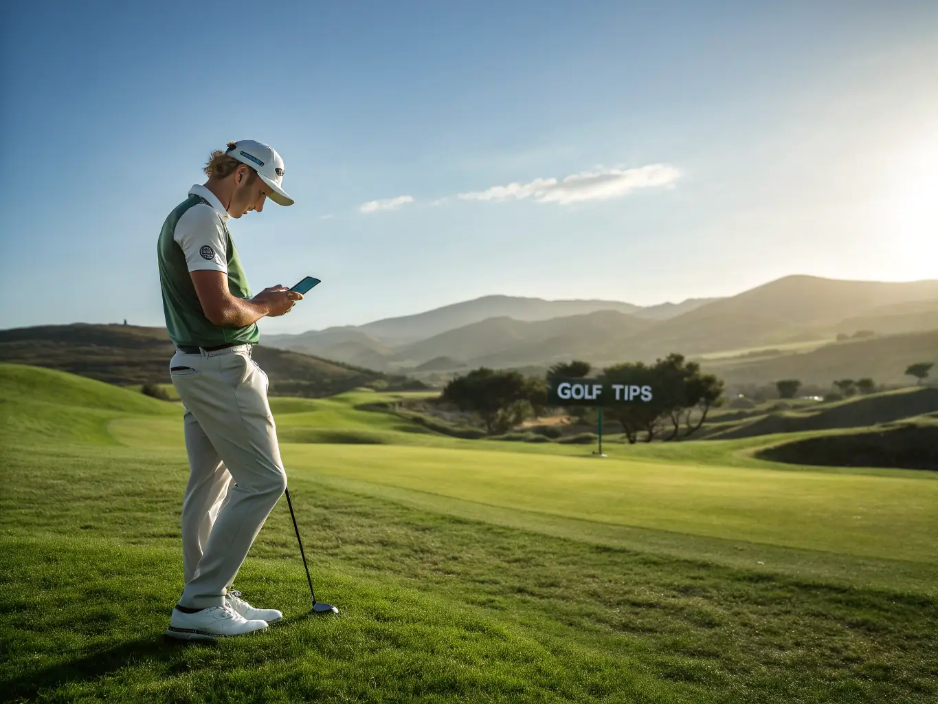 A modern image of a golfer using the Bin-Golfing app on their smartphone at a driving range, showcasing the integration of technology and real-life golfing.