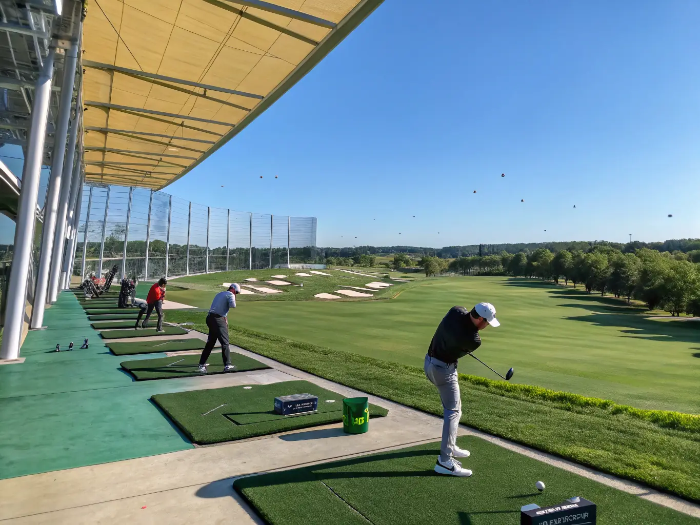 A wide-angle shot of a modern driving range bay, showcasing the digital displays and comfortable seating arrangements, with golfers actively engaged in playing Bin-Golfing.