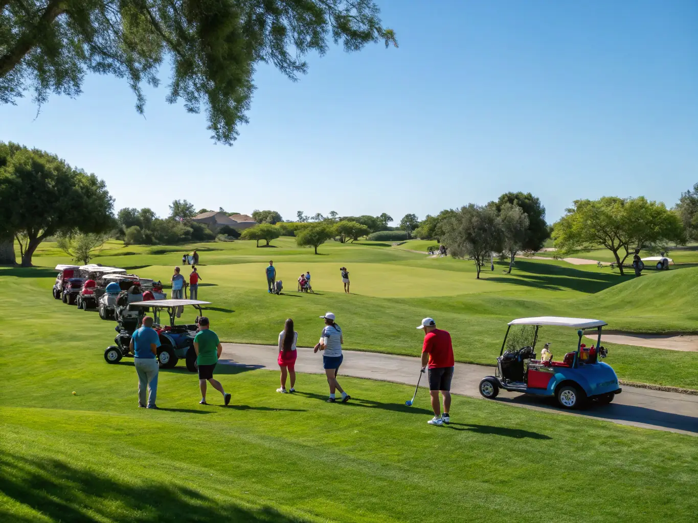 A vibrant image of golfers enjoying a sunny day at a driving range, using the Bin-Golfing platform on their devices, showcasing the social and competitive aspect of the game.