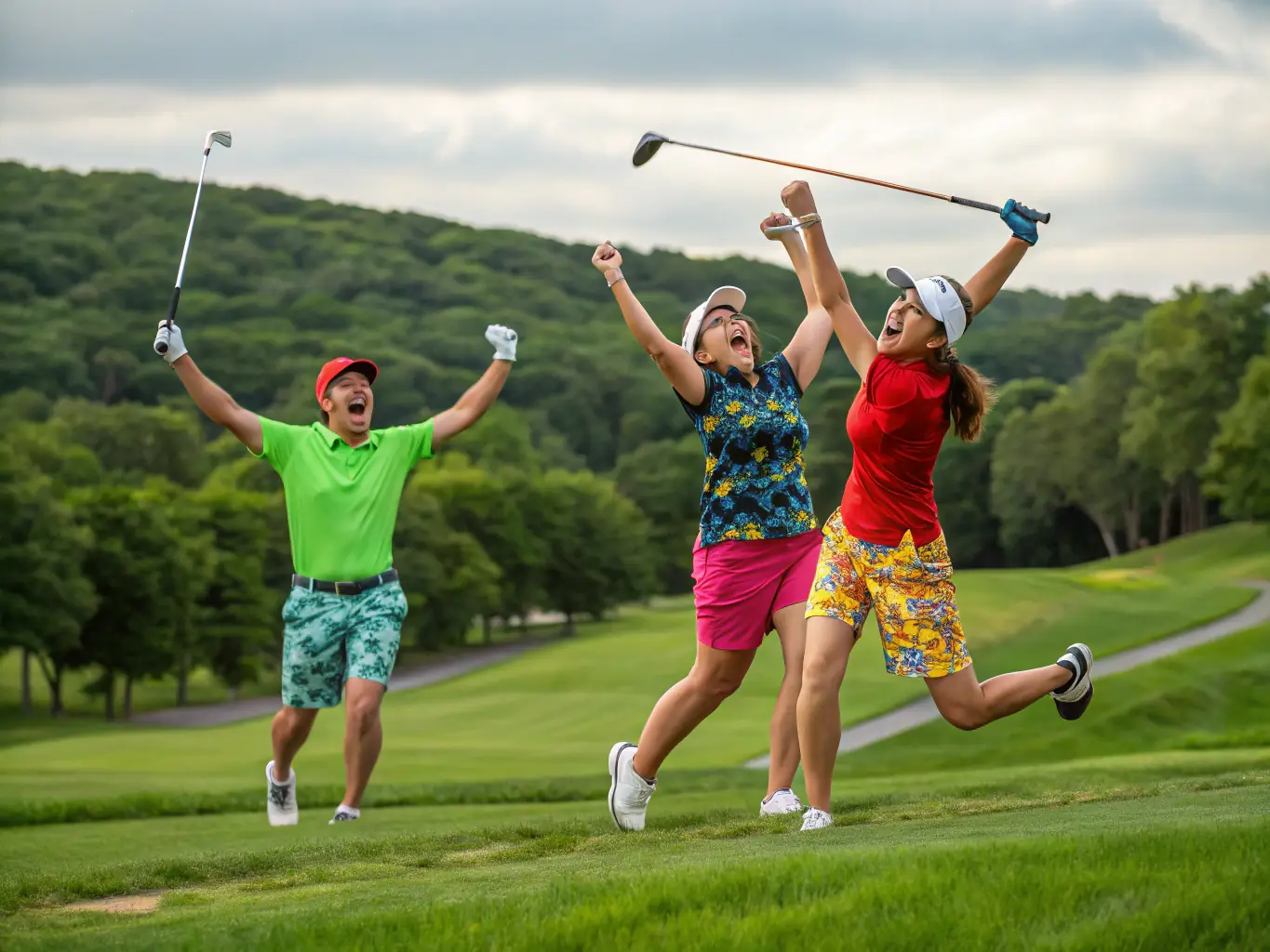 A lively image of golfers of different ages and skill levels laughing and competing on the Bin-Golfing platform at a driving range.